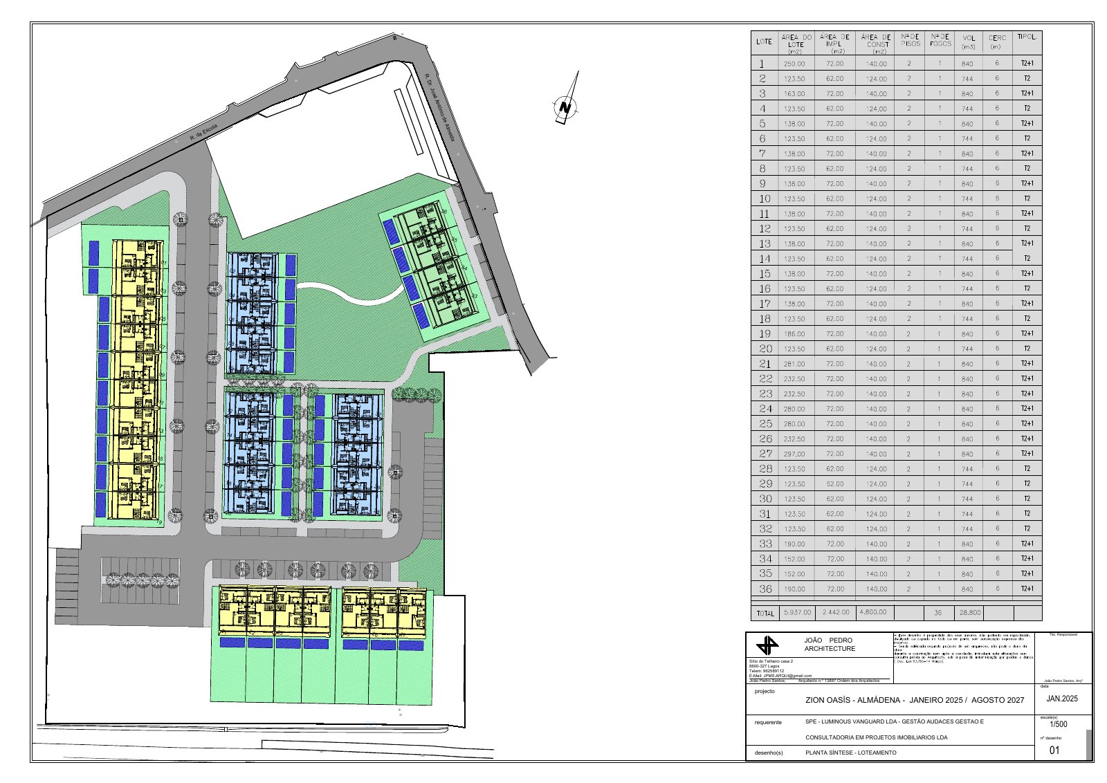 Quadro sinóptico completo: implantação e tabela de áreas dos 36 lotes Zion Oasis