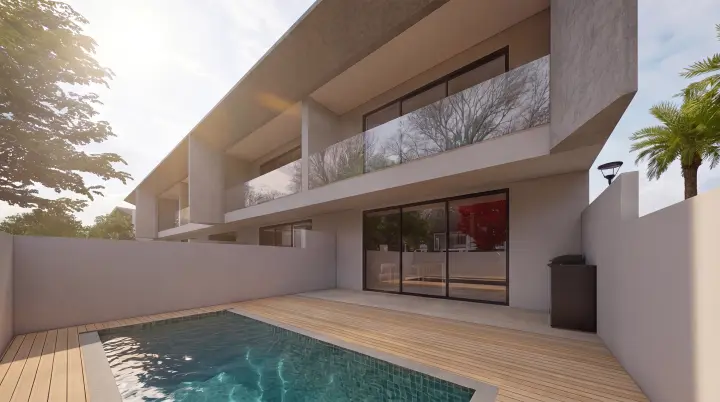 Piscina privativa e fachada posterior iluminadas pelo sol poente
